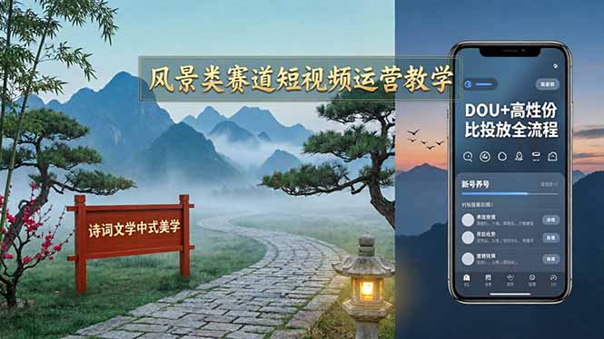 风景类赛道短视频运营教学：诗词文学中式美学，新号养号对标账号定位，DOU+高性价比投放全流程-风庭夜雪