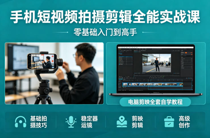 手机短视频拍摄剪辑全能实战课：零基础入门到高手，稳定器运镜+电脑剪映全套自学教程-风庭夜雪
