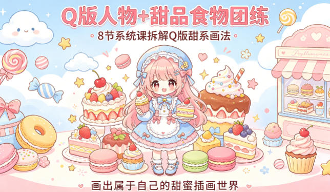 Q版人物+甜品食物团练，8节系统课拆解Q版甜系画法，画出属于自己的甜蜜插画世界-风庭夜雪