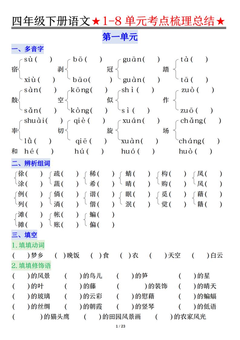 26春四年级下语文1-8单元知识复习要点-风庭夜雪
