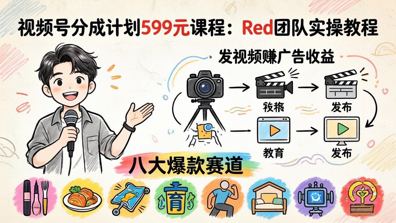 视频号分成计划599元课程：Red团队实操教程，发视频赚广告收益，八大爆款赛道全掌握-风庭夜雪