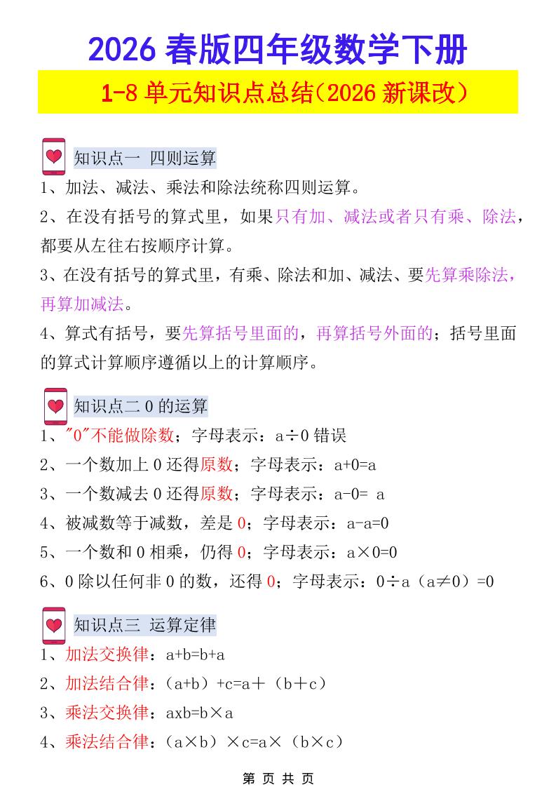 2026春新版四年级下数学1-8单元知识点总结《人教版》-风庭夜雪